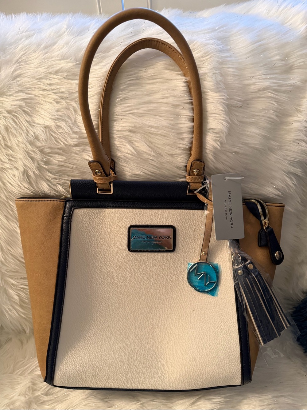 Marc New York Cream, Tan, Navy Blue Structured Satchel